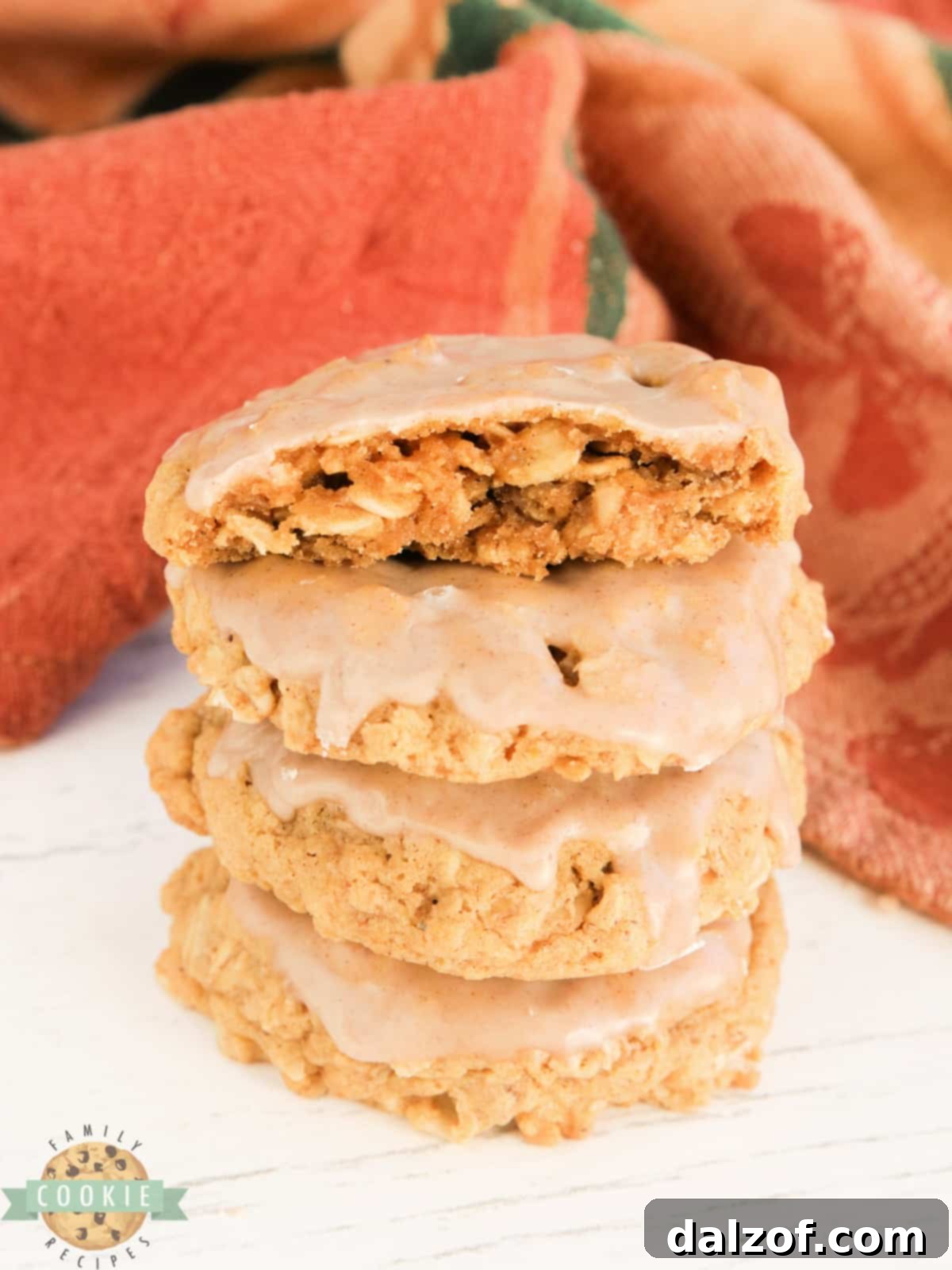 Stack of oatmeal cookies made with pumpkin and a cinnamon sugar glaze.