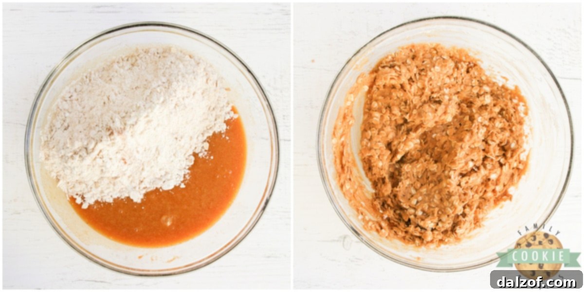 Mixing wet and dry ingredients together to make pumpkin oatmeal cookie dough.