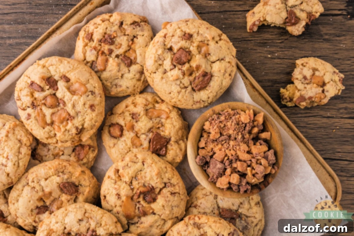 Close-up of baked cookies featuring Heath toffee bits