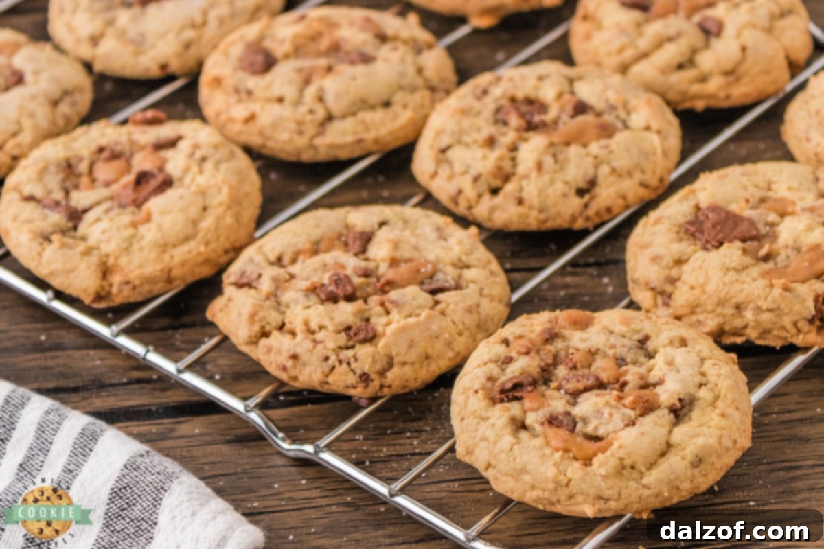 Freshly baked Heath Bar Cookies on a cooling rack