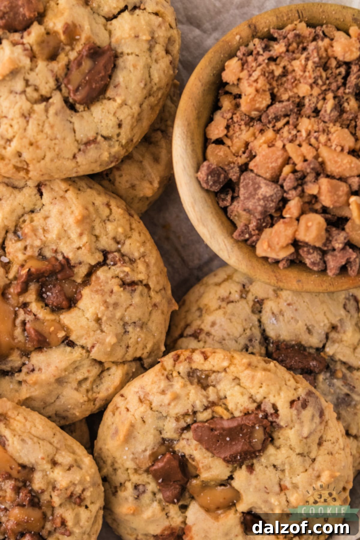 Close-up of a single Heath Bar Cookie showing its texture
