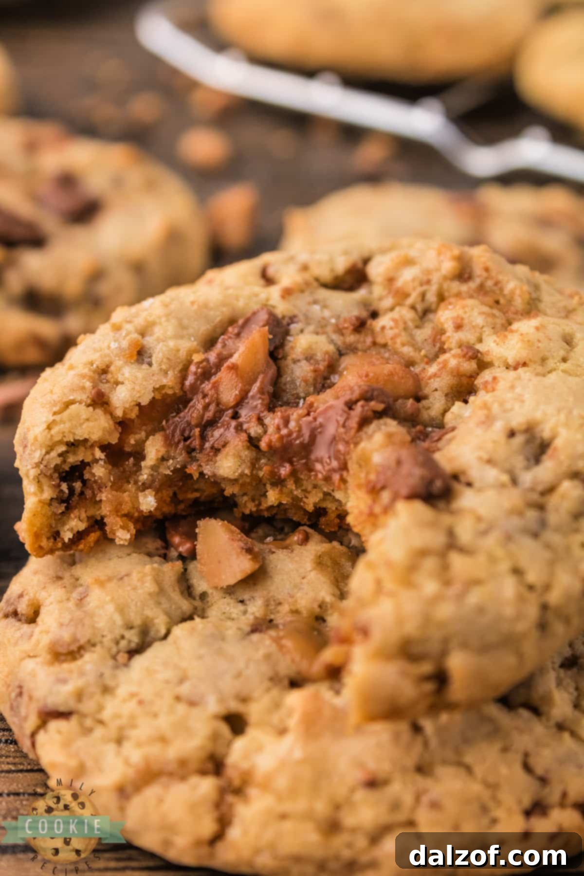 Close-up of cookies speckled with toffee bits