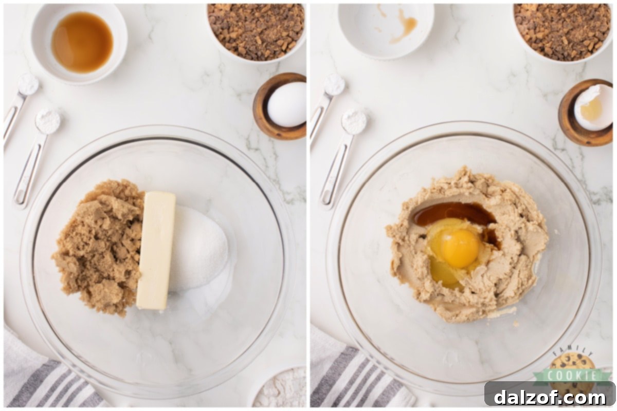 Creaming butter and sugars with egg and vanilla for cookie dough