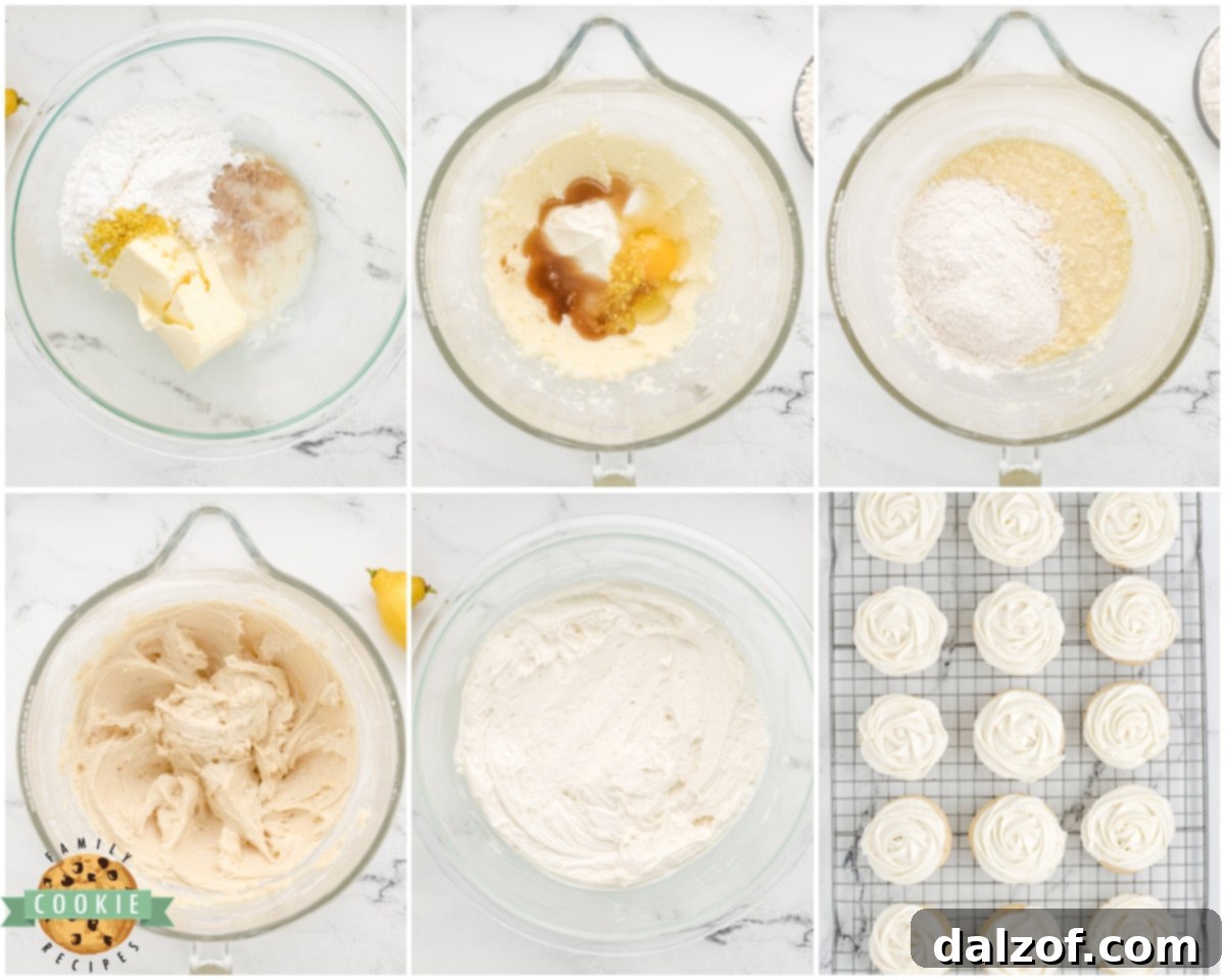 Step-by-step imagery demonstrating how to make frosted lemon sugar cookies.