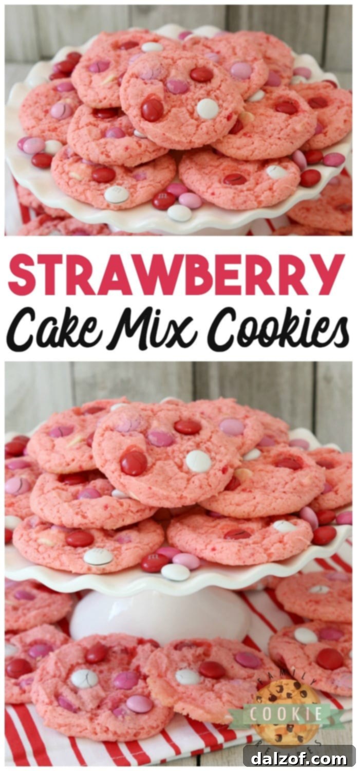 Strawberry Cake Mix Cookies are soft & sweet and made with just 4 ingredients! Super simple to make these cute, festive cake mix cookies. The strawberry flavor is just perfect. #cookies #strawberry #cakemix #recipe #baking #dessert #food
