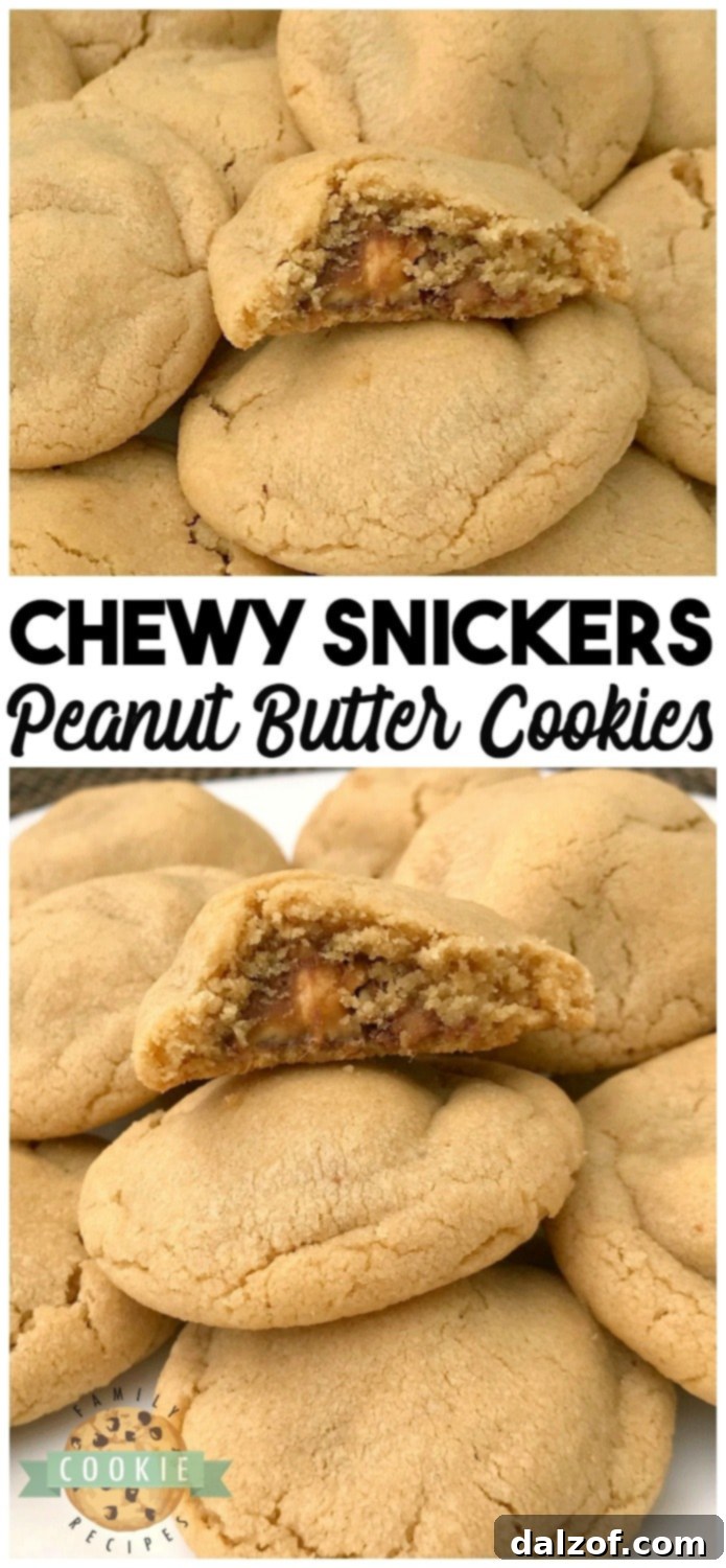Snickers Peanut Butter Cookies: An incredible soft and delicious peanut butter cookie with a Snickers surprise in the middle! #Snickers #PeanutButter #Cookies #Baking #Dessert #Foodie
