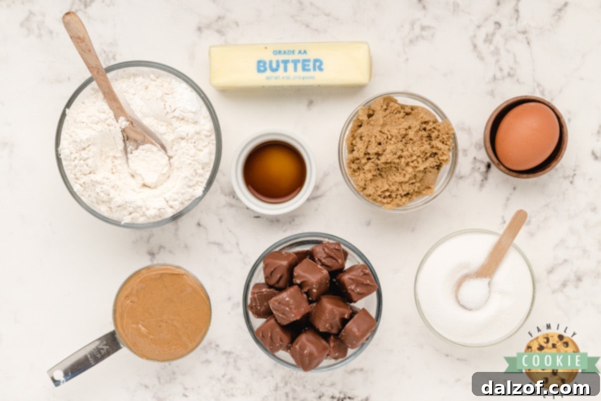 All the essential ingredients neatly laid out for making Snickers Peanut Butter Cookies