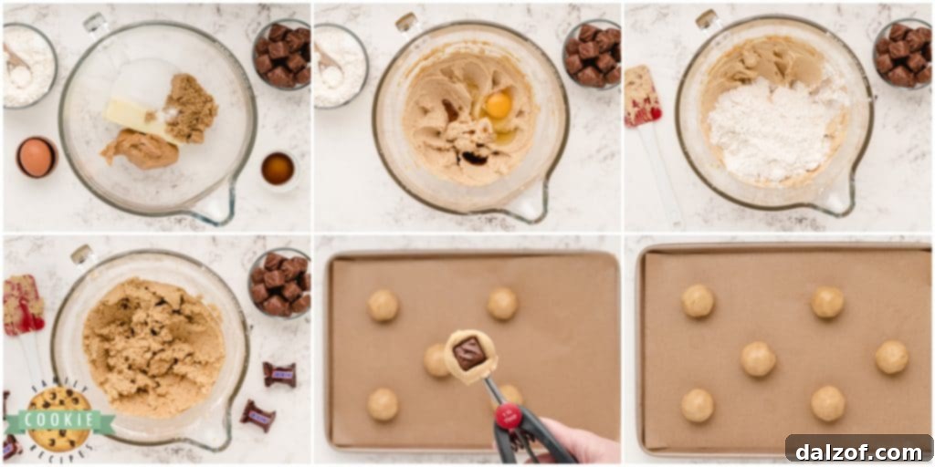 Step-by-step visual instructions on forming Snickers Peanut Butter Cookies