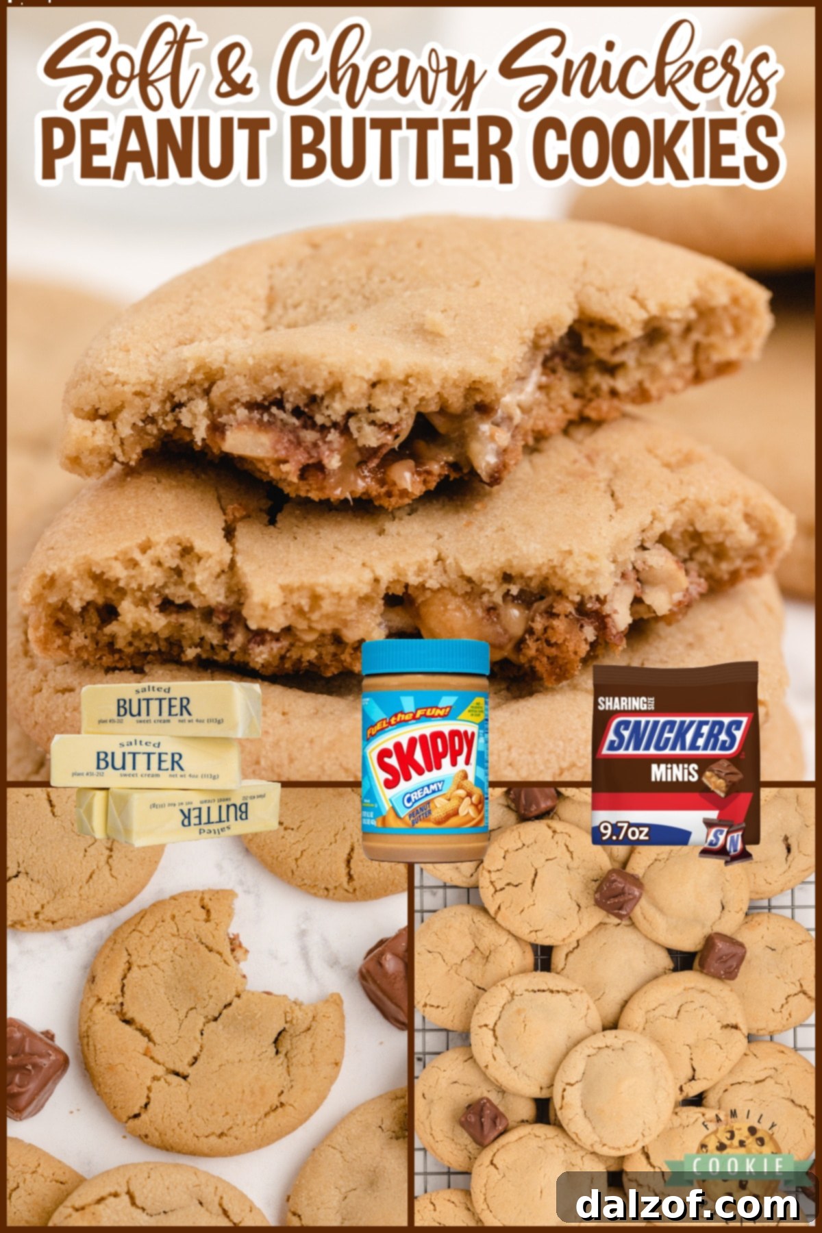 A batch of freshly baked Snickers Peanut Butter Cookies cooling on a wire rack