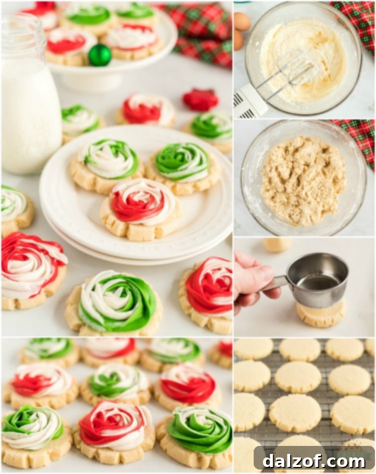 A charming collage of various Christmas Frosted Rose Sugar Cookies, highlighting their festive colors and delicate design.
