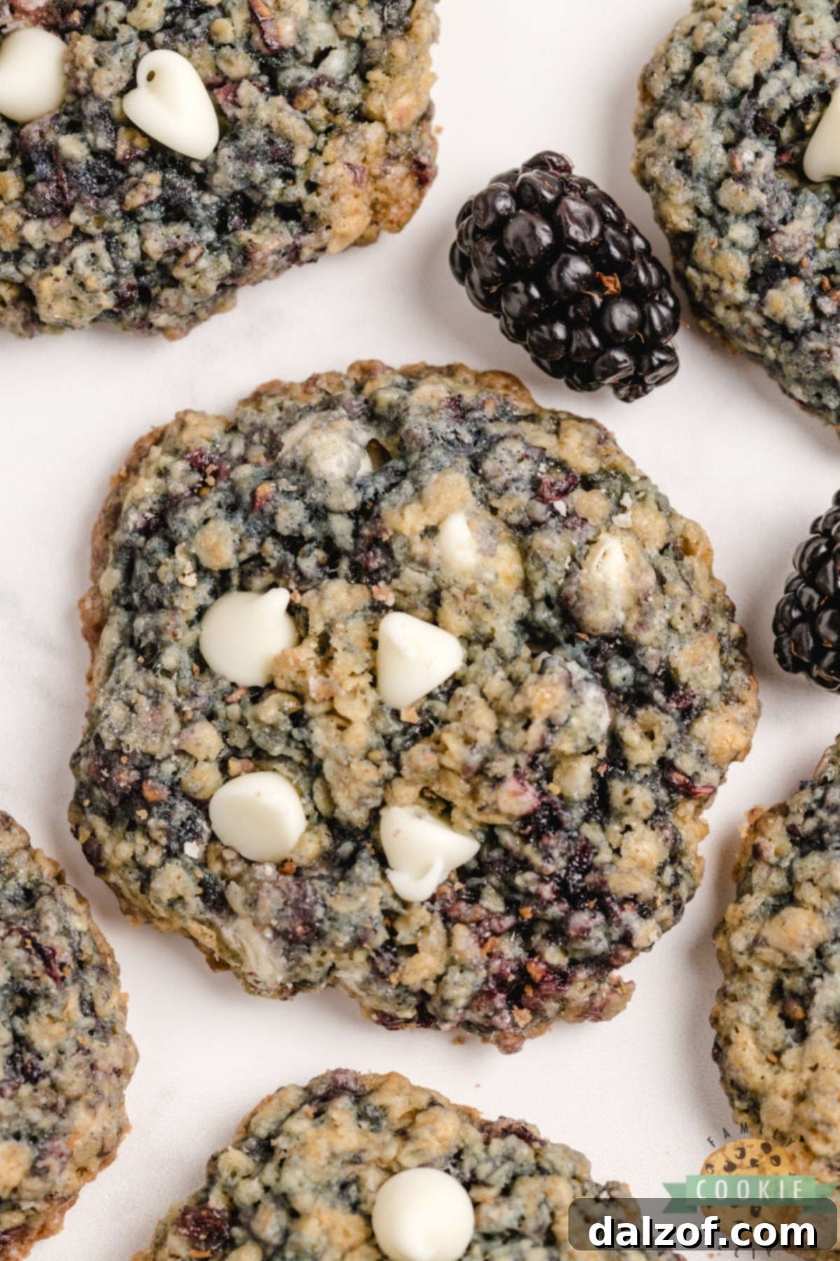 A top-down view of a plate of Blackberry Oatmeal Cookies, showcasing their golden color and the juicy blackberries within.