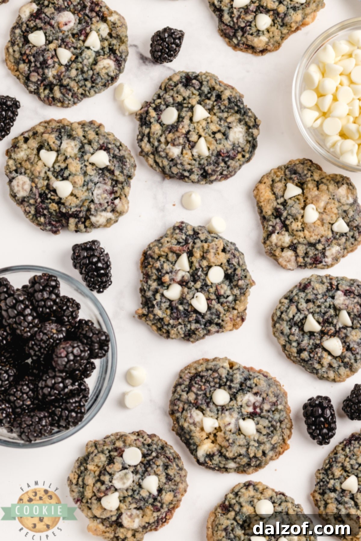 Plate of homemade oatmeal cookies with visible fresh blackberries, showcasing their rustic charm and delicious appeal.