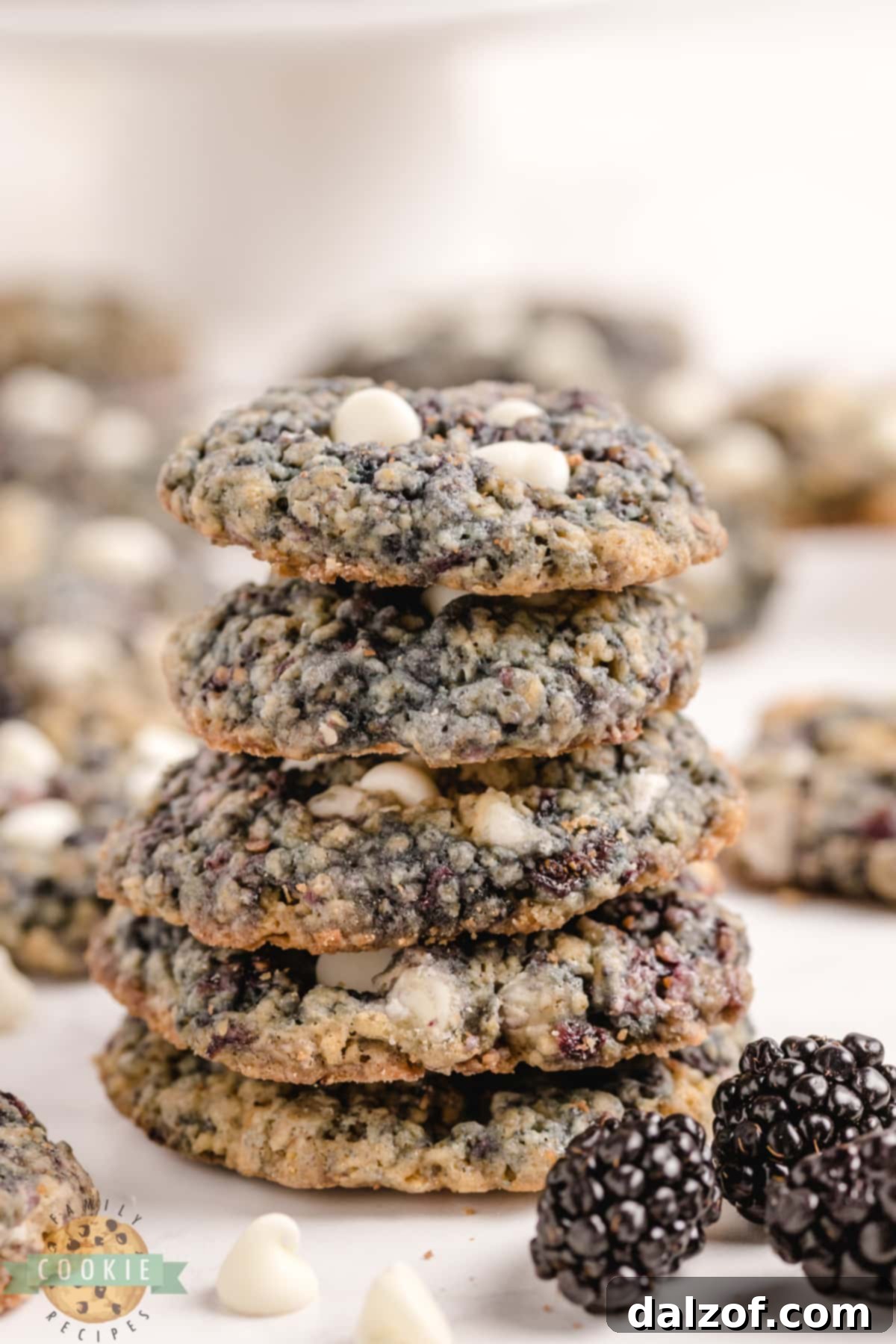 A tall stack of golden brown Blackberry Oatmeal Cookies on a white plate, ready to be enjoyed.