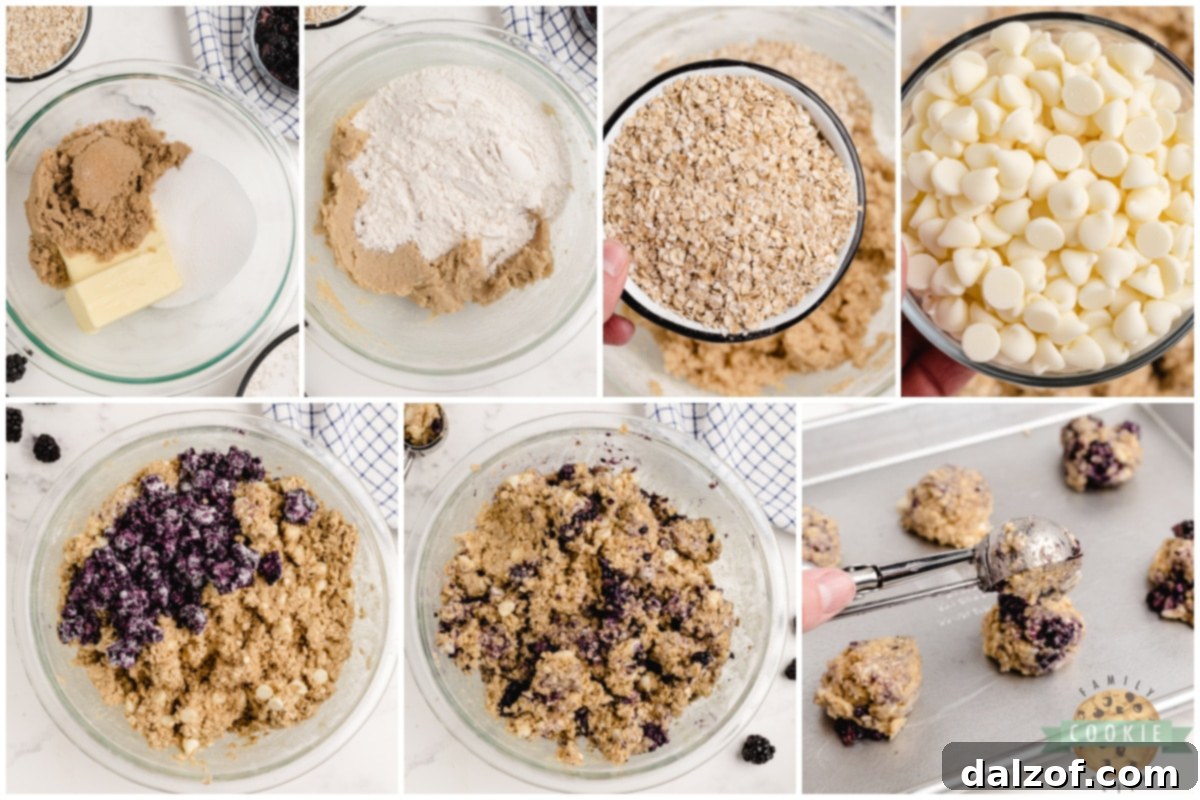 Step-by-step image showing how to gently fold flour-coated blackberries into cookie dough, preventing color bleed.