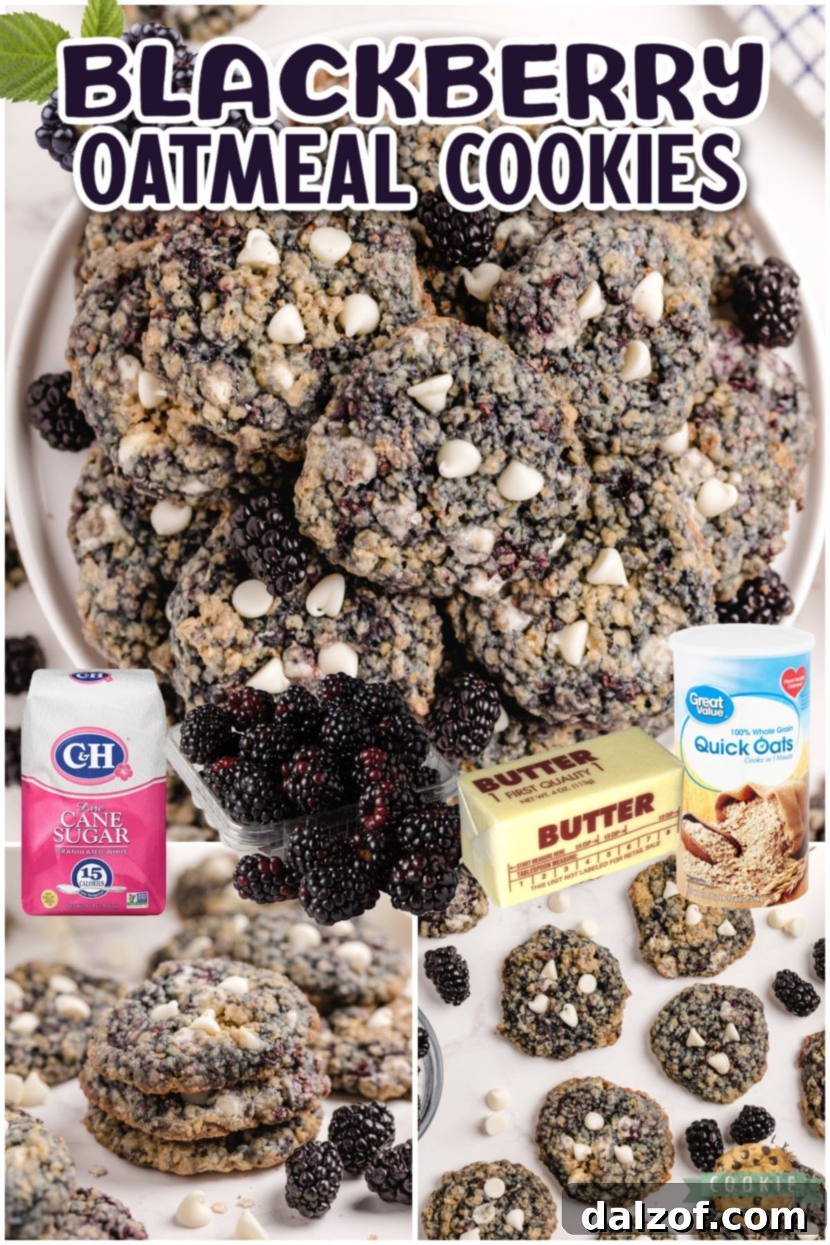 A collage of three images showing various stages of Blackberry Oatmeal Cookies: the dough, baked cookies, and a close-up of the finished product.