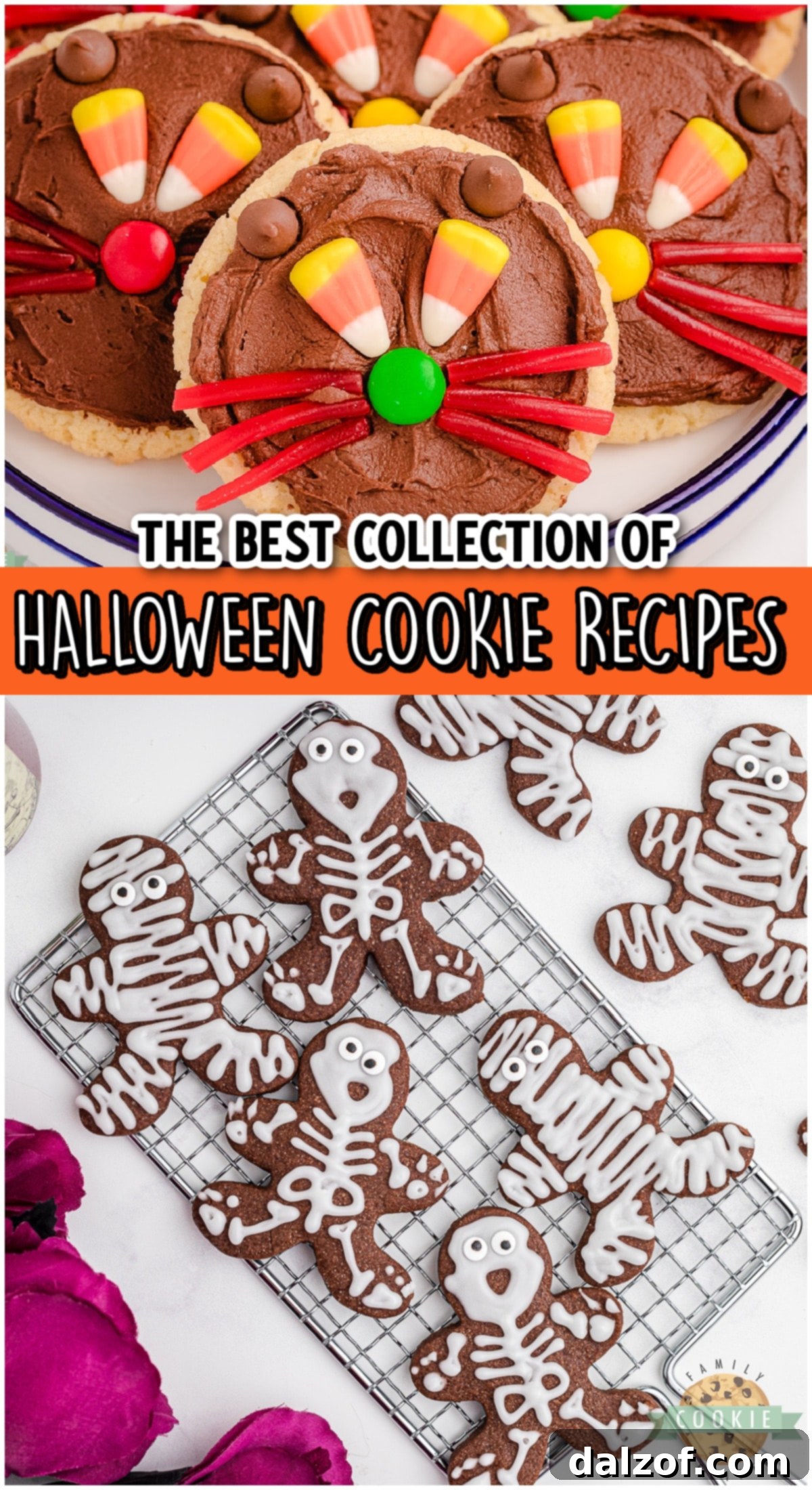 A selection of festive Halloween cookies including skeletons and sprinkles.