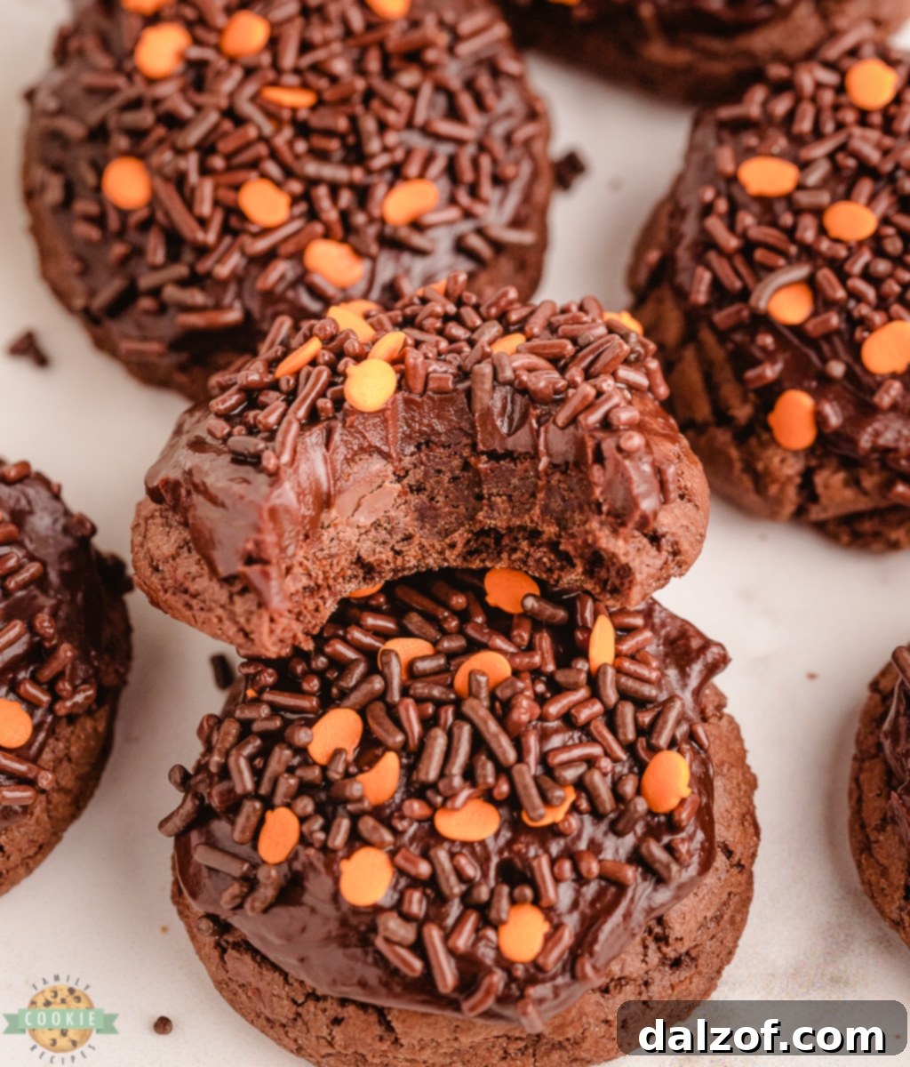 Fudgy Halloween Brownie Cookies topped with chocolate ganache