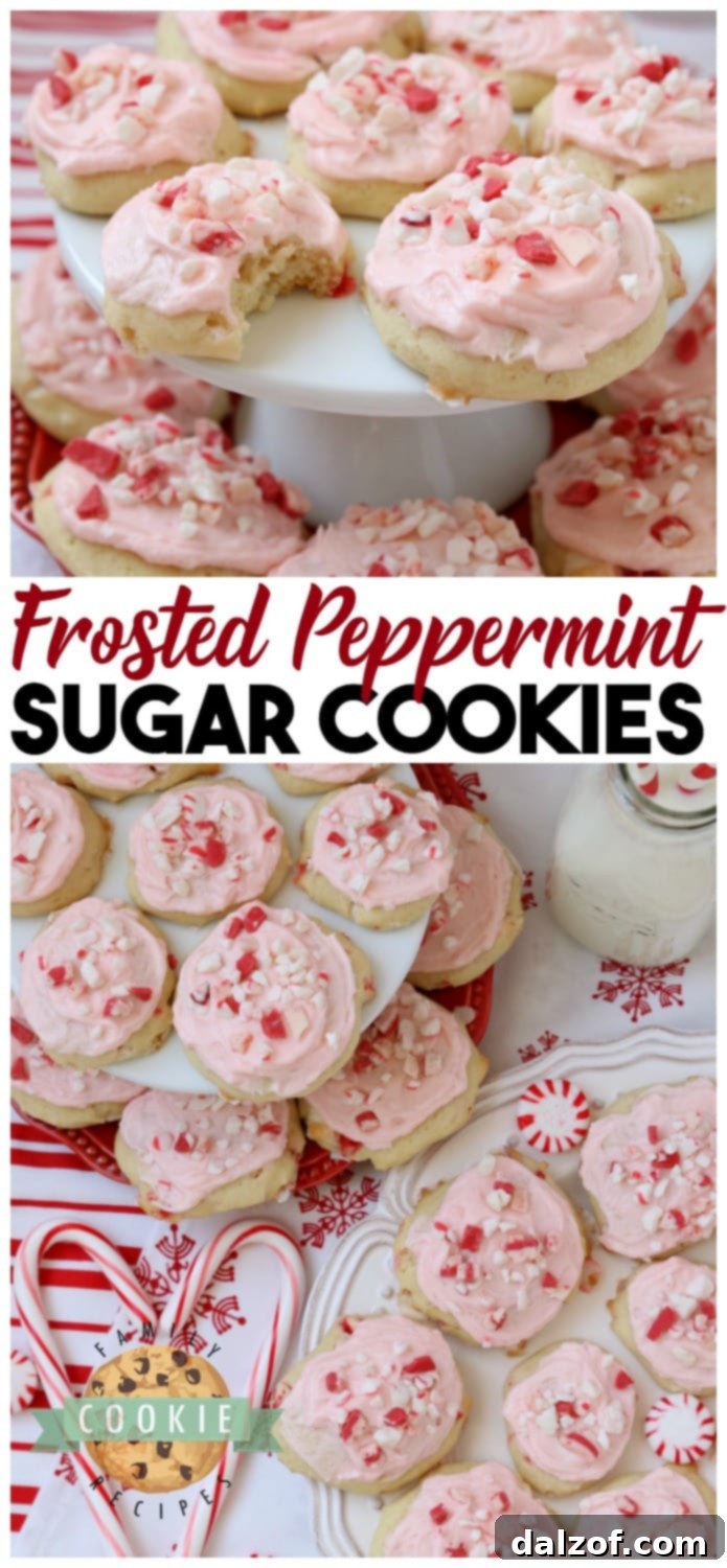 Frosted Peppermint Cookies are soft, pillowy cookies baked with peppermint candy and topped with peppermint vanilla buttercream and candy cane pieces. #peppermint #frosting #cookies #cookie #Christmas #holidays #recipe #cookieexchange #candycanes Recipe from FAMILY COOKIE RECIPES