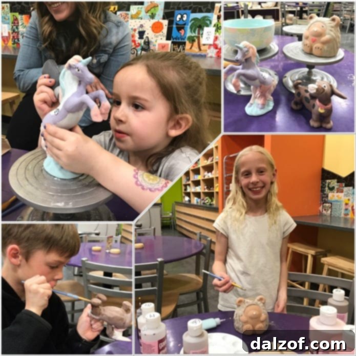 Kids painting pottery, a fun family activity.