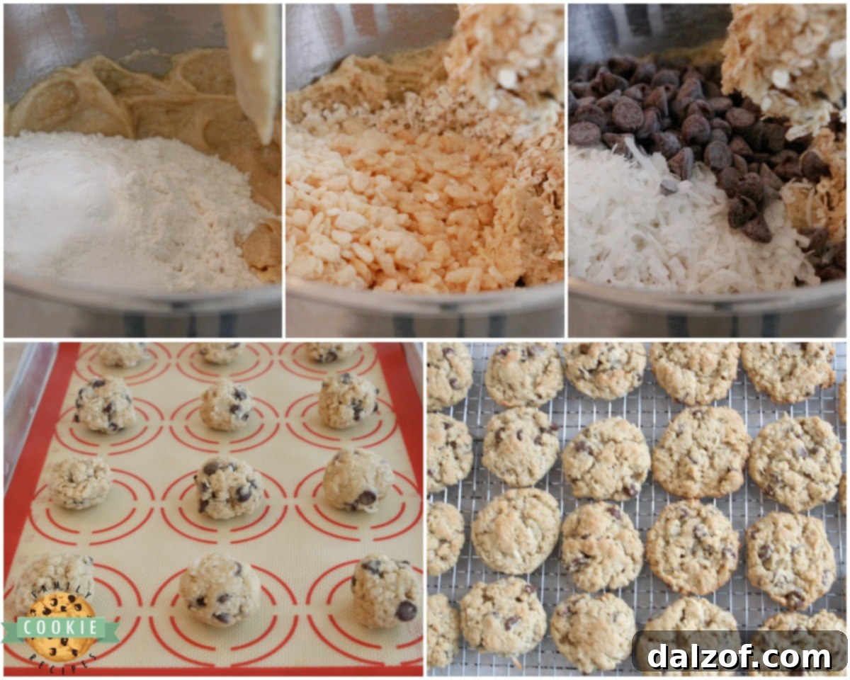 Ingredients laid out for making Ranger cookies including oats, rice krispies, coconut, and chocolate chips