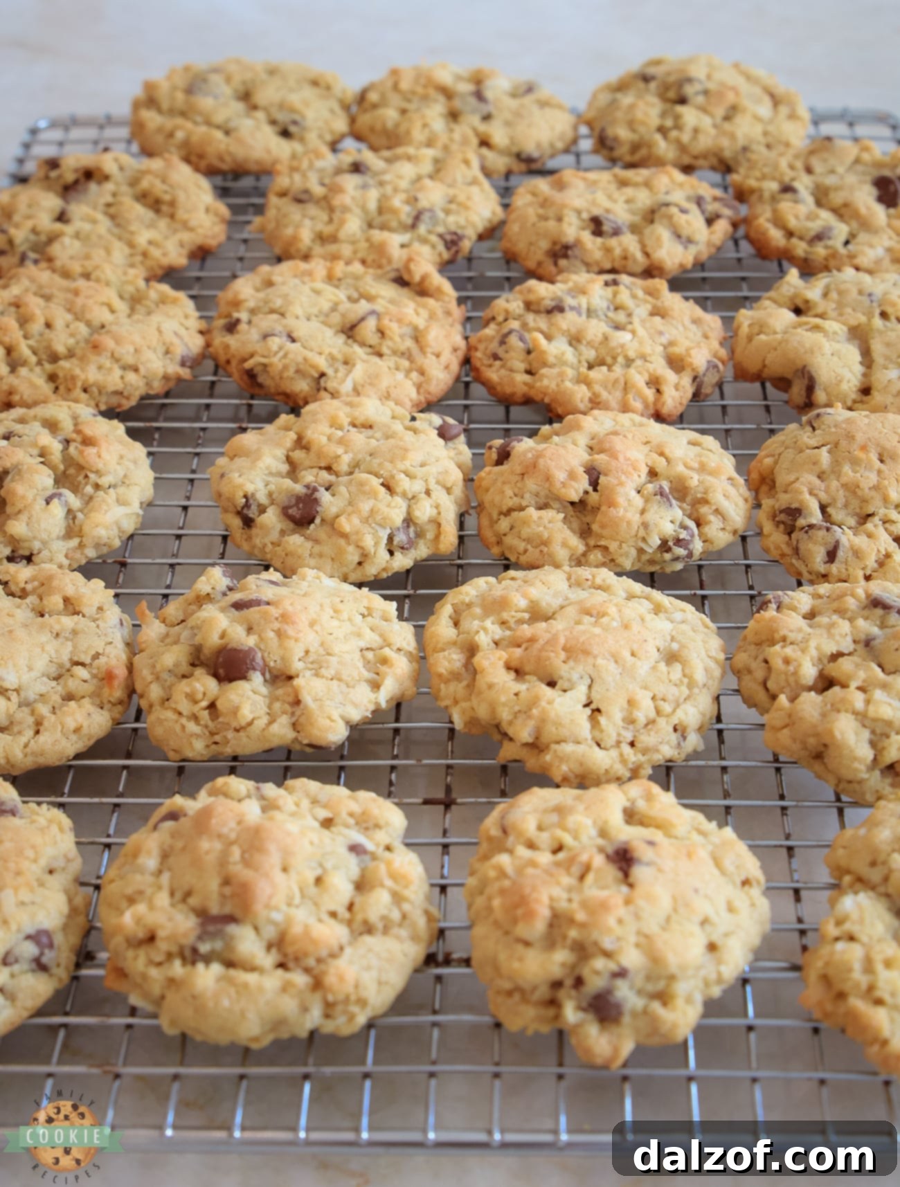 Freshly baked Ranger cookies cooling on a wire rack