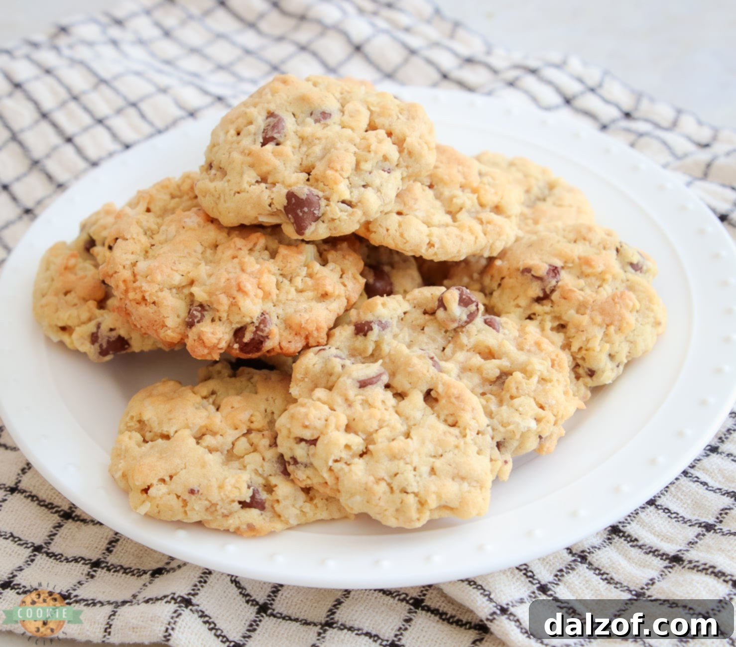 A plate full of golden brown Chocolate Chip Ranger cookies, ready to be served