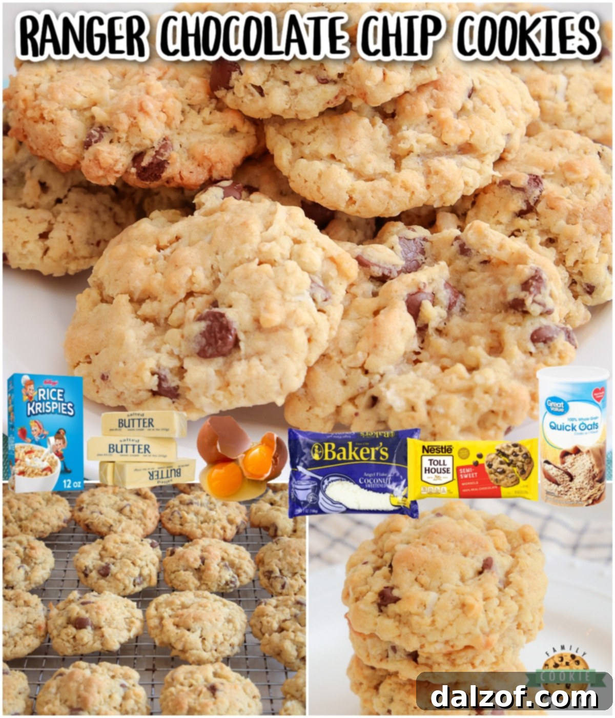 Chocolate Chip Ranger Cookies are a classic treat that combines oats, krispie cereal, coconut & chocolate chips to create a deliciously chewy cookie!