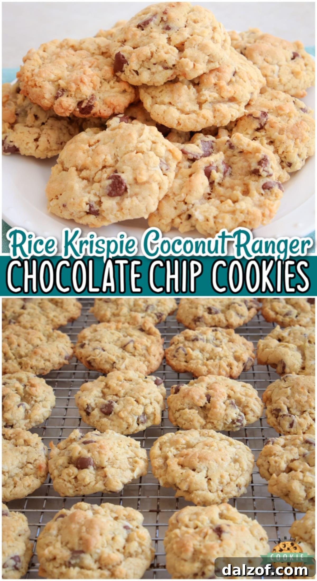 A vibrant collage showing Coconut Krispie Chocolate Chip Ranger Cookies, highlighting their delicious textures