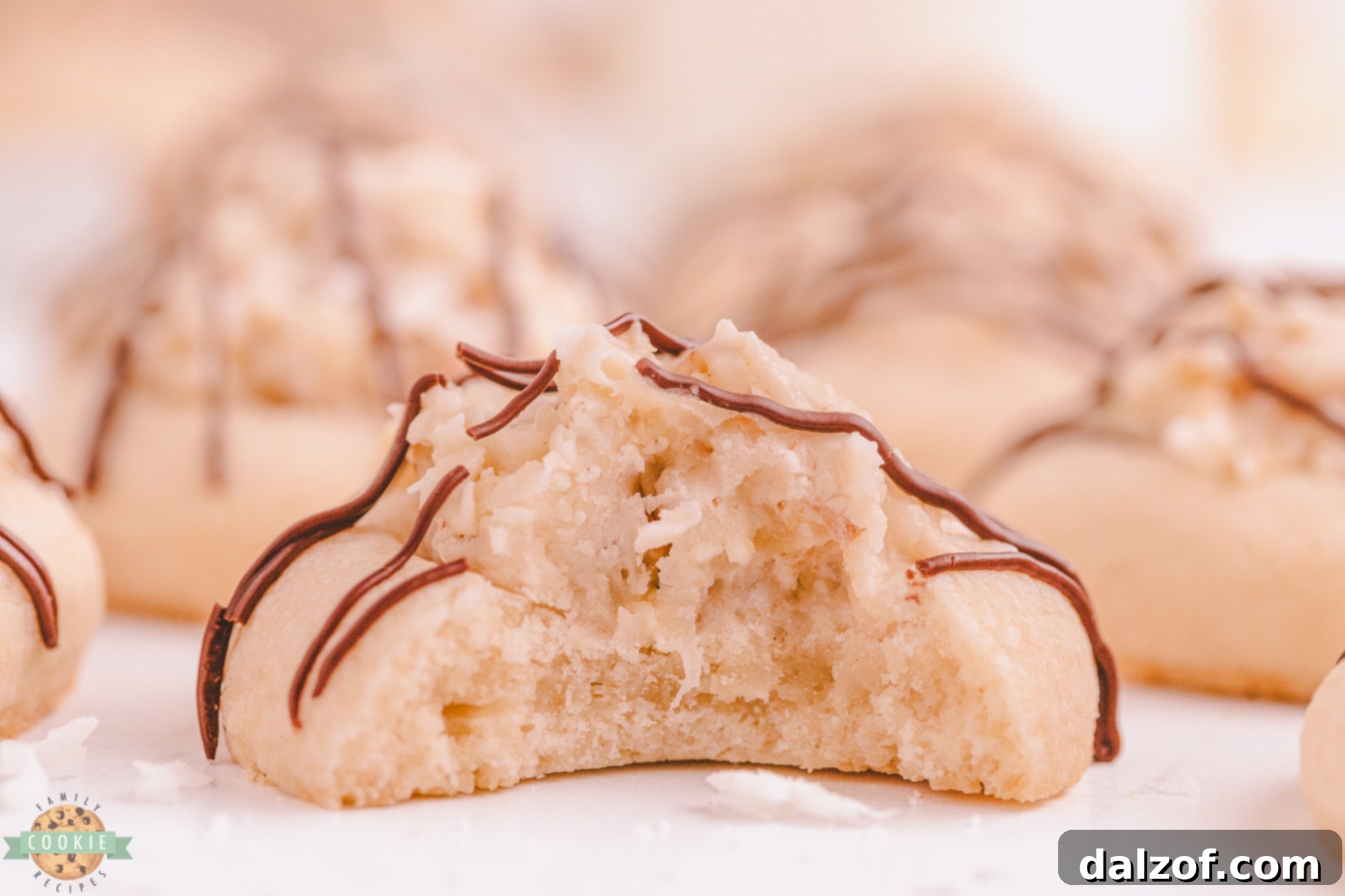 bite taken out of a coconut cream cookie