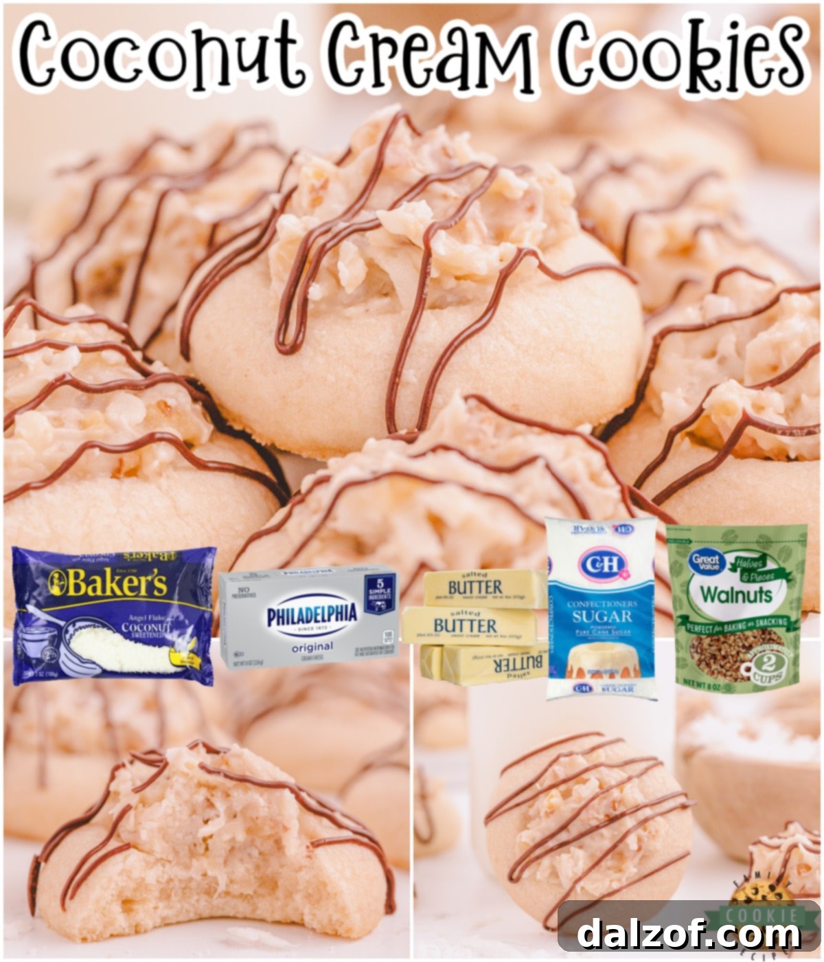 Coconut Cream Cookies are buttery sugar cookies topped with a cream cheese coconut frosting, then drizzled with melted chocolate!