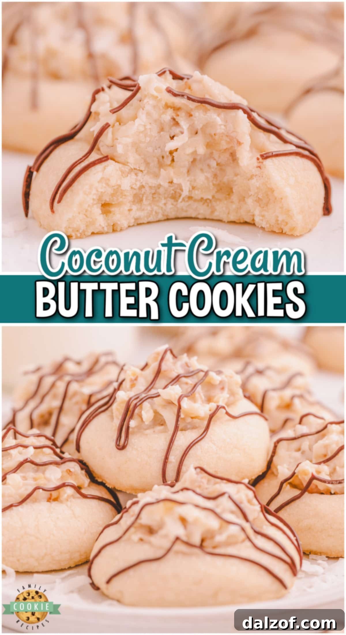 Coconut Cream Cookies are buttery sugar cookies topped with a cream cheese coconut frosting, then drizzled with melted chocolate!