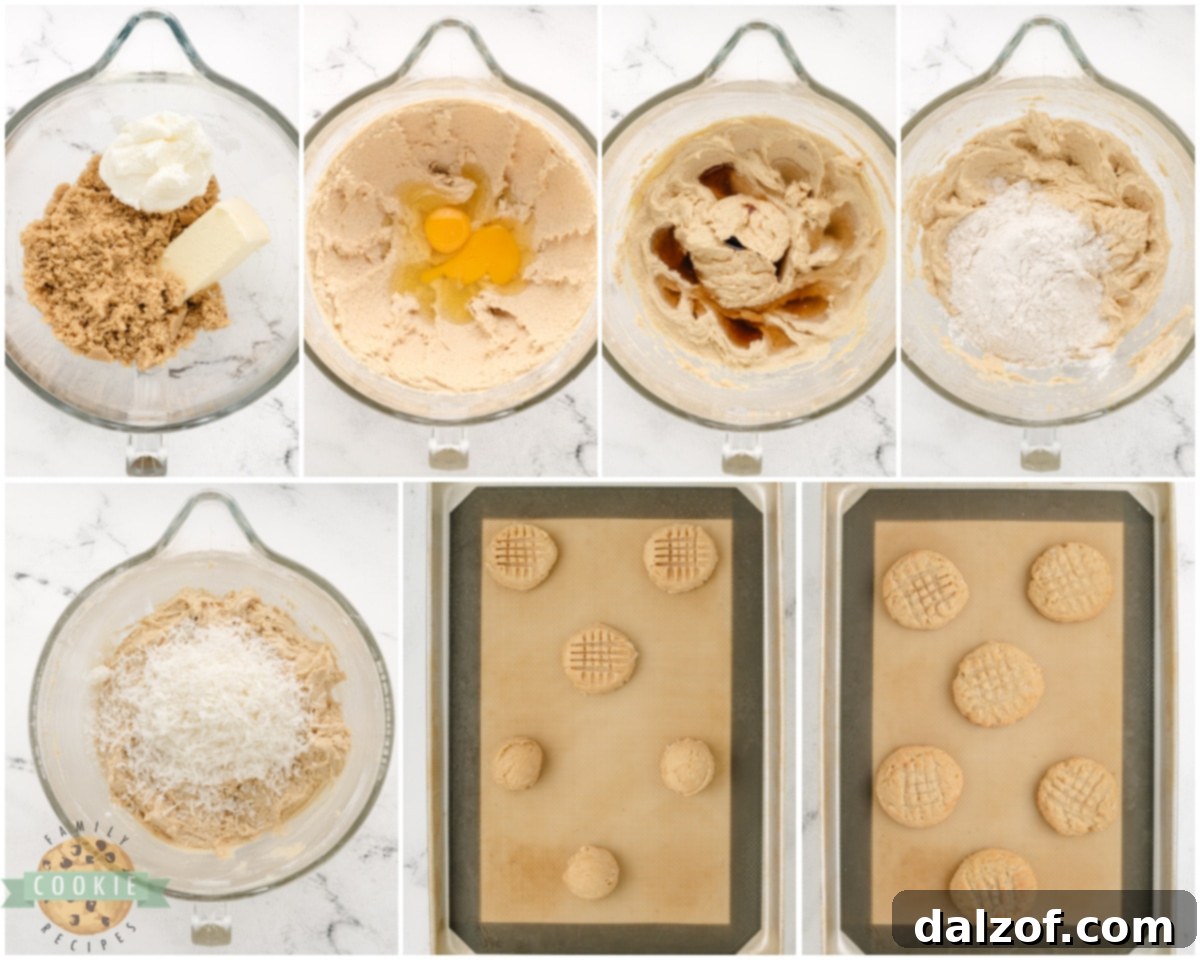Step-by-step imagery demonstrating how to make chewy coconut cookies.
