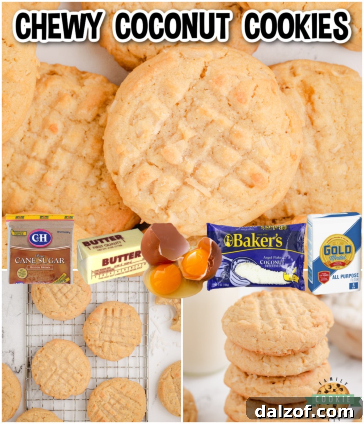 A collage of two images showing delicious Chewy Coconut Cookies, highlighting their fantastic buttery, nutty flavor!