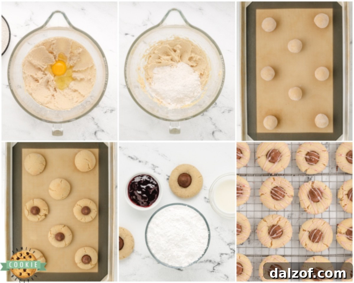 Step-by-step images showing how to make raspberry almond kiss cookies