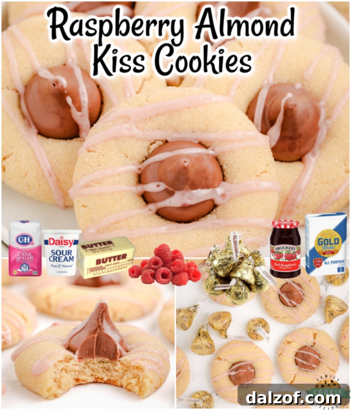 Raspberry Almond Kiss Cookies are buttery cookies topped with an almond kiss & raspberry drizzle for a delightful cookie for almond lovers! 