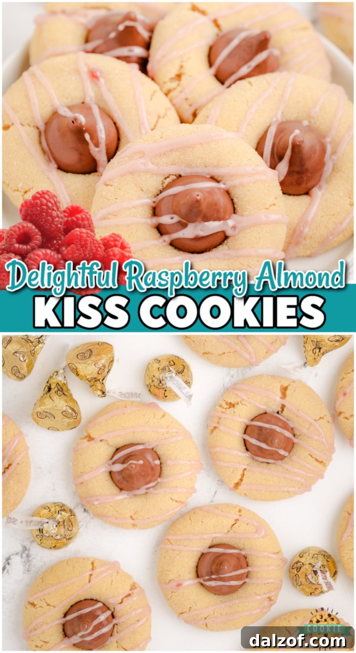 A stunning close-up of Raspberry Almond Kiss Cookies, highlighting the vibrant drizzle and almond chocolate kisses.