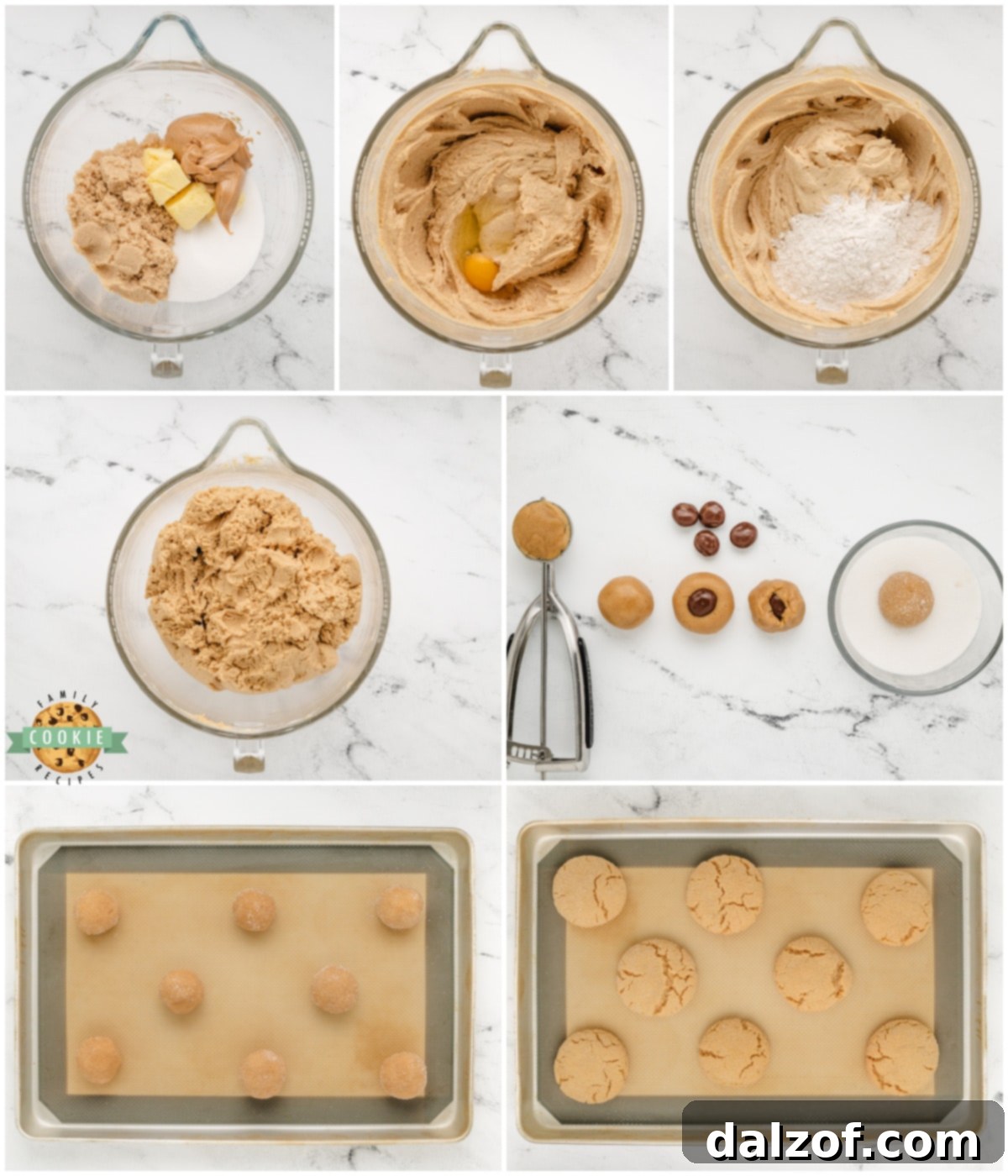 Step-by-step guide on how to make Peanut Butter Surprise Cookies with Milk Duds, showing the process of dough formation and candy placement.