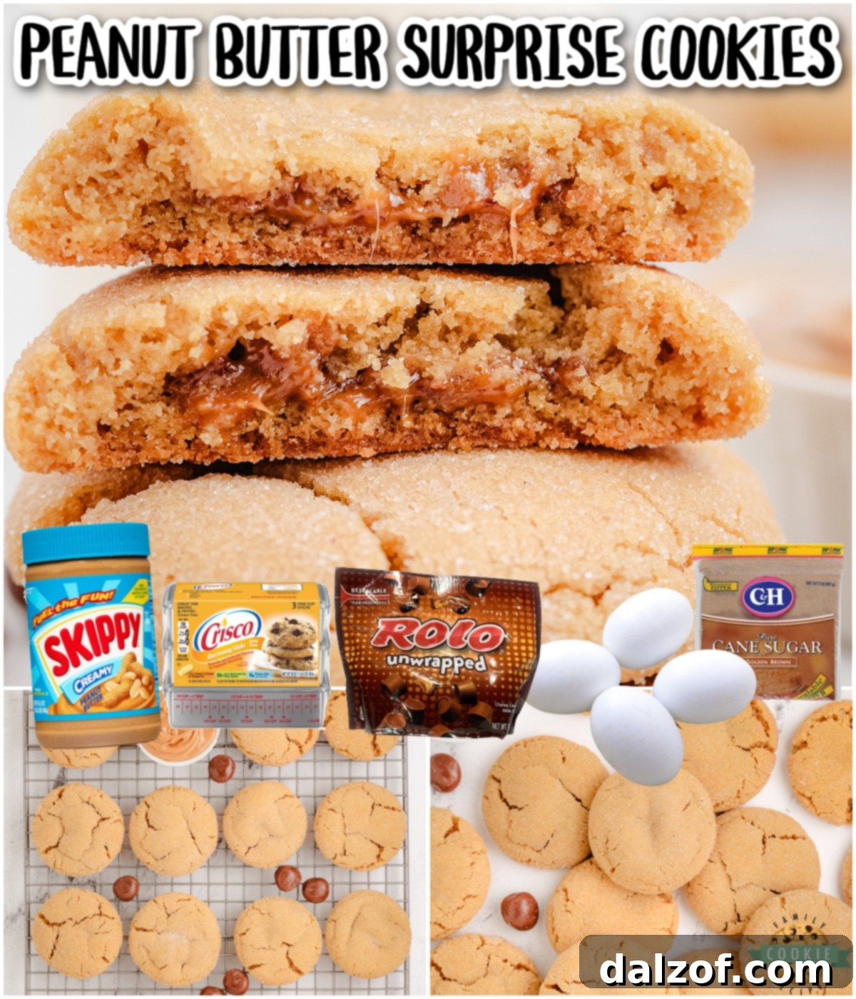 A collage featuring delightful Peanut Butter Surprise Cookies, highlighting their soft and chewy texture with a surprise caramel center made possible by Milk Duds.