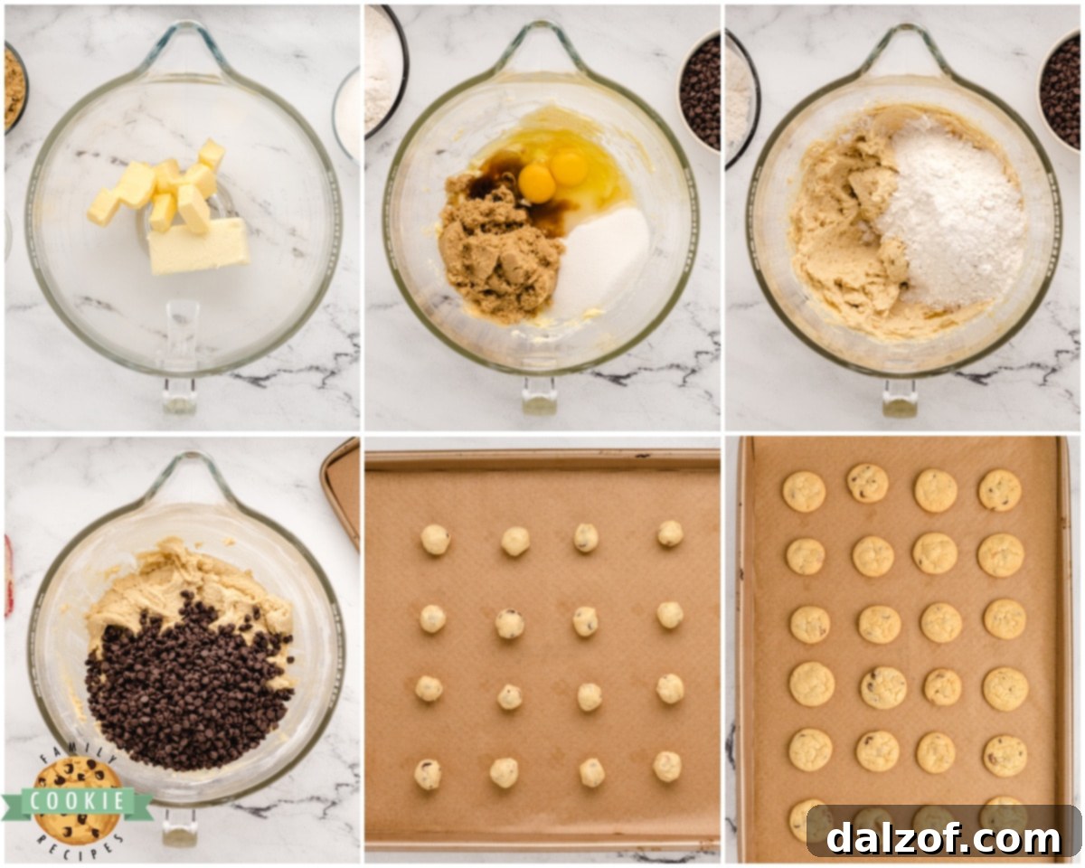 how to make mini chocolate chip cookies step by step, showing the dough mixing process