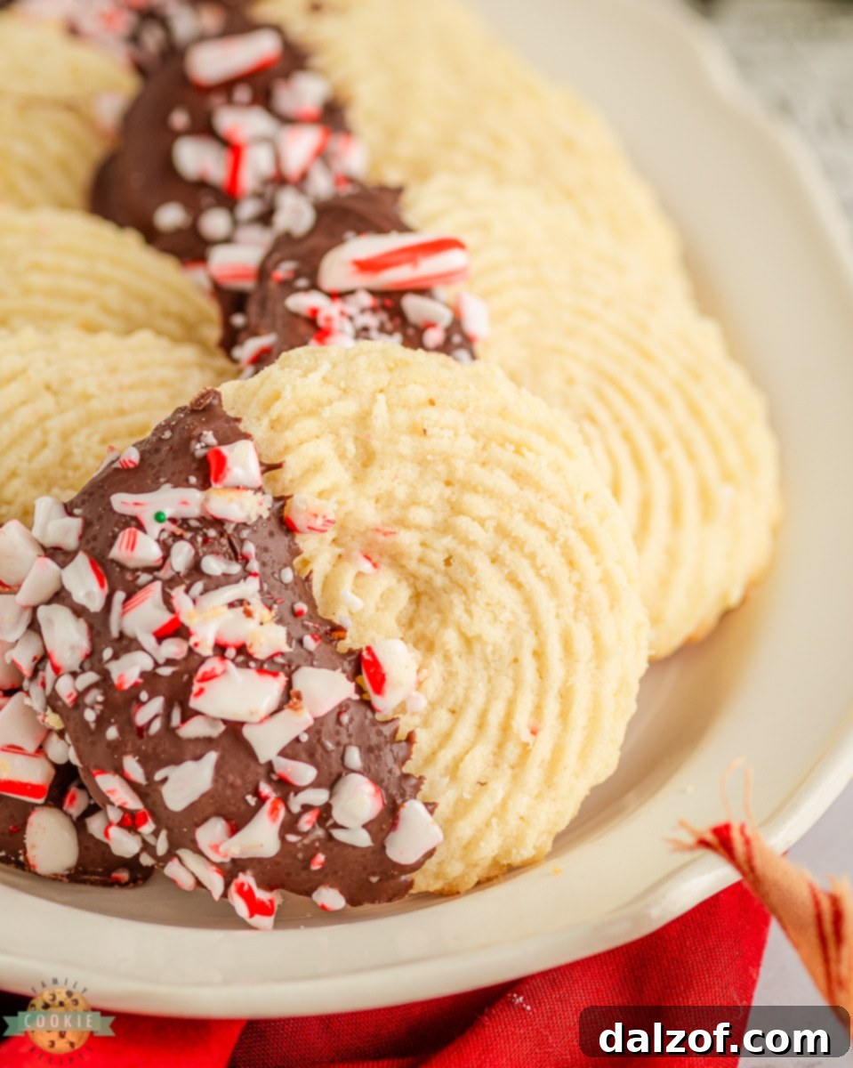 Delicate Peppermint Butter Cookies, half-dipped in chocolate and sprinkled with crushed candy canes, ready to enjoy.