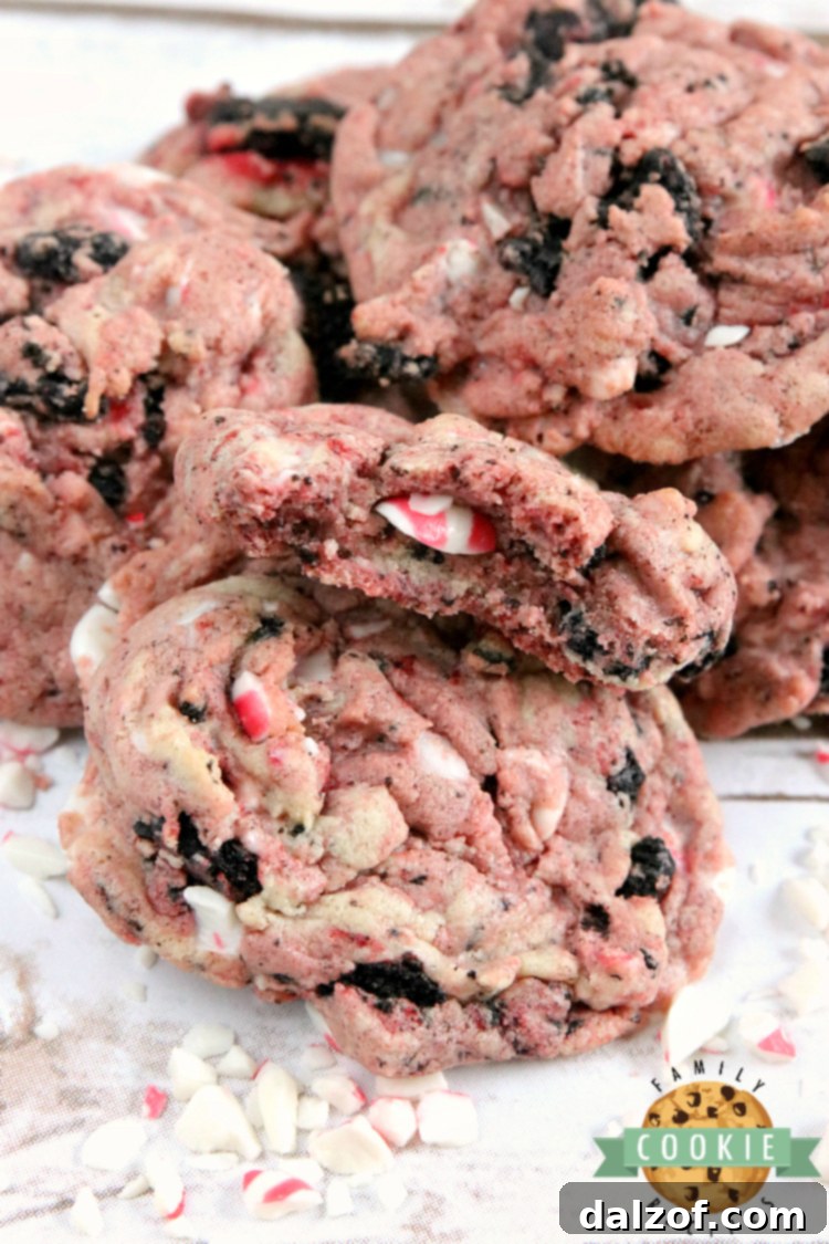 Irresistible Peppermint Cookies & Cream Cookies, featuring Oreo pieces and crushed candy canes.