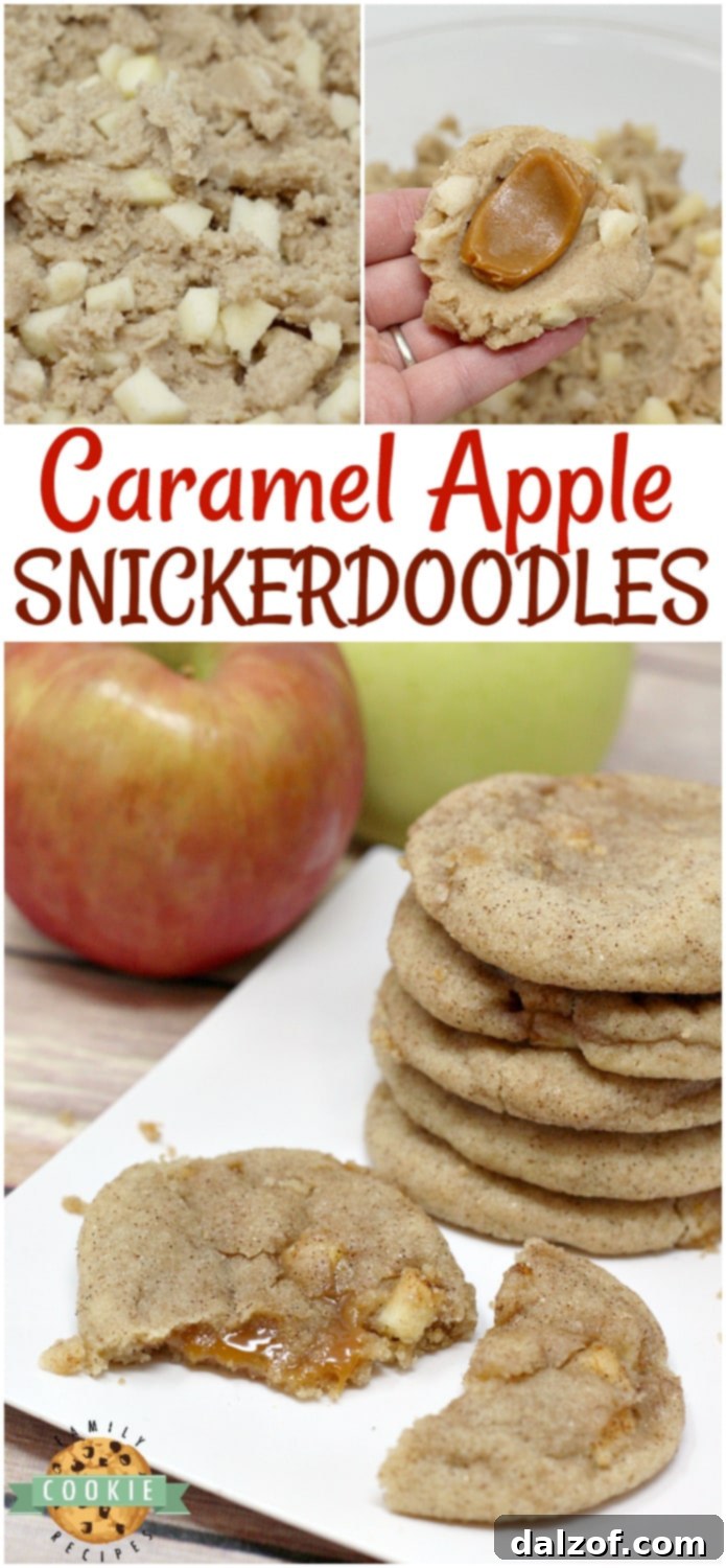 Caramel Apple Snickerdoodles combine the taste of your favorite cinnamon/sugar cookie with the deliciousness of chewy caramel and fresh apples too!