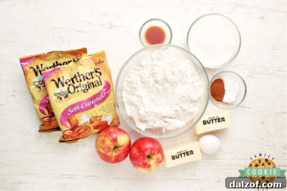 Essential ingredients laid out for baking delicious Caramel Apple Snickerdoodles, highlighting fresh apples, soft caramels, and classic baking staples.