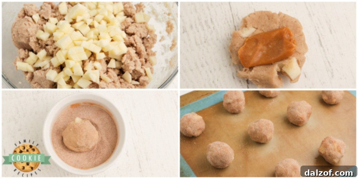 Step-by-step visual guide on how to prepare Caramel Apple Snickerdoodles, from mixing dough to adding caramel and coating in cinnamon sugar.