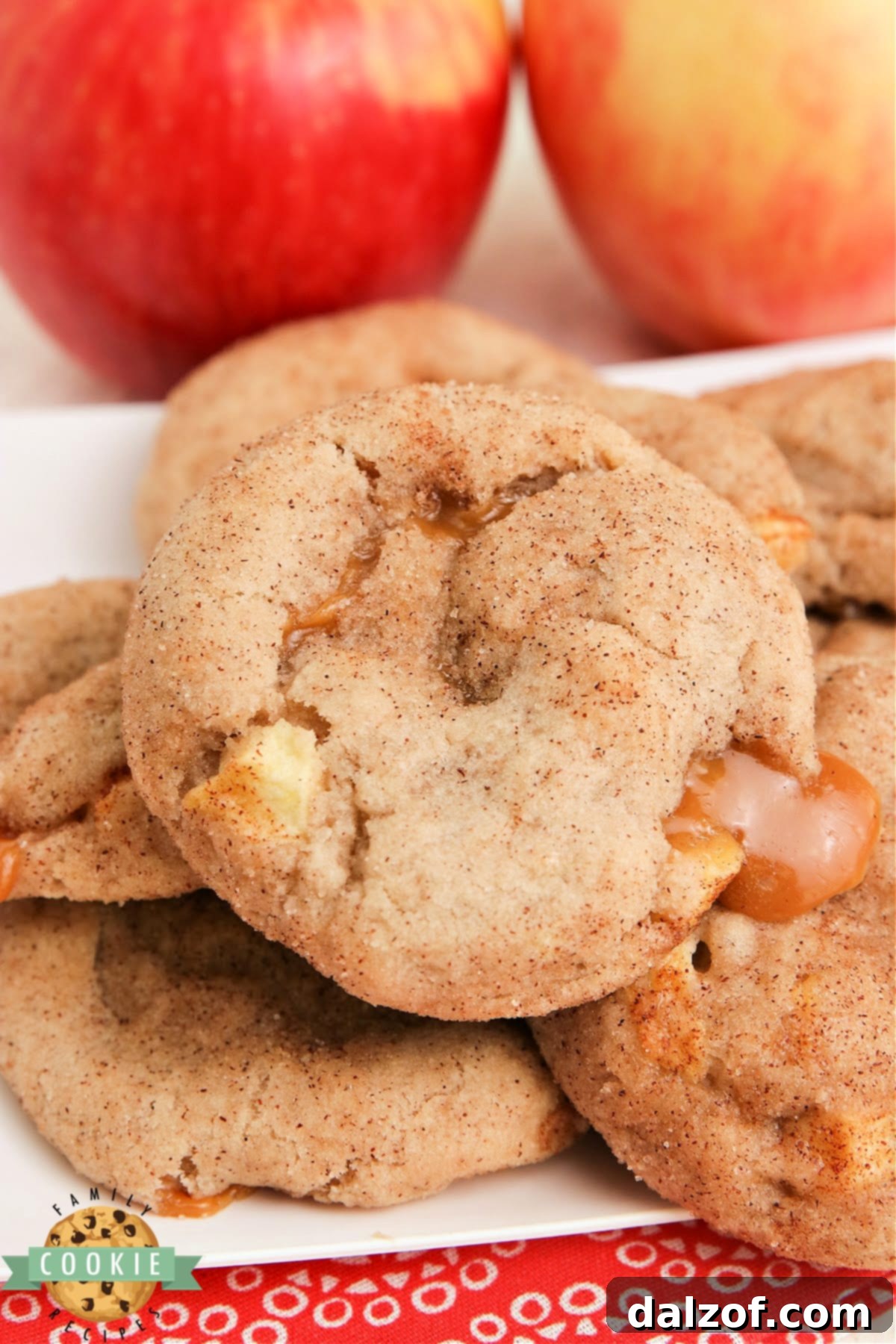 A close-up of a Caramel Apple Snickerdoodle cookie, highlighting its golden-brown crust, cinnamon sugar, and the hints of apple within.
