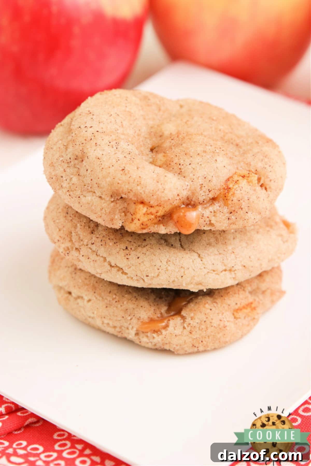 Close-up of a baked snickerdoodle cookie with a hint of caramel oozing, dusted with cinnamon sugar, perfect for a cozy treat.