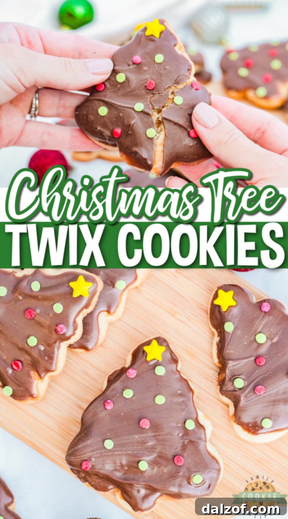 Christmas Tree Twix Cookies are made with a simple sugar cookie topped with caramel, chocolate, and festive sprinkles. Delicious holiday cookies that taste just like your favorite candy bar!