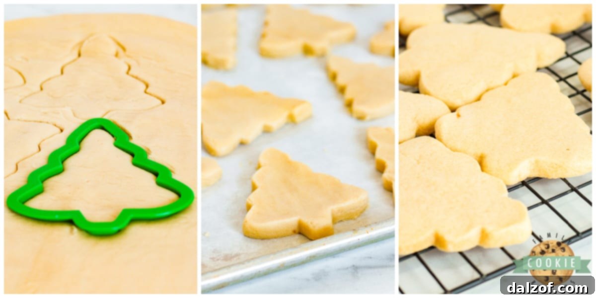 Cutting out christmas tree sugar cookies.