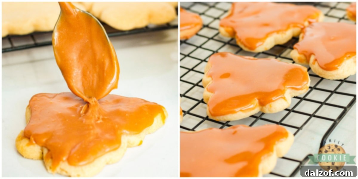 Spreading melted caramel on top of cookies.