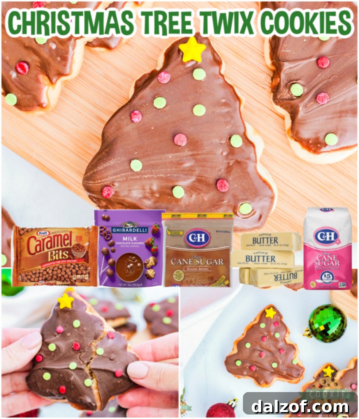 Christmas Tree Twix Cookies are made with a simple sugar cookie topped with caramel, chocolate, and festive sprinkles. Delicious holiday cookies that taste just like your favorite candy bar!